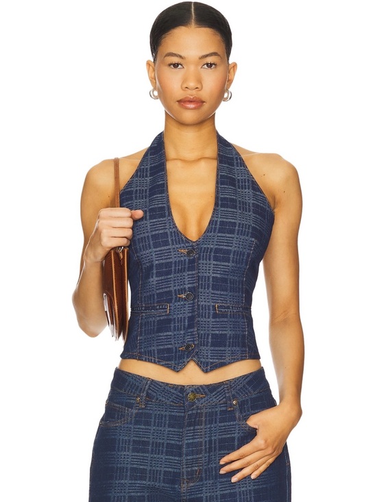Lioness Tops - Lioness Navy Plaid Halter Vest Tank
